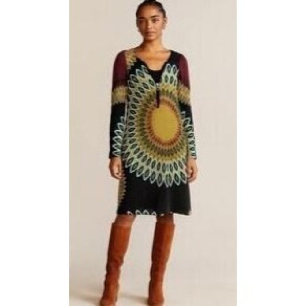 Aryeh Sweater Dress Womens‎ S Brown Geometric Boho Chic Artsy Retro Long Sleeve